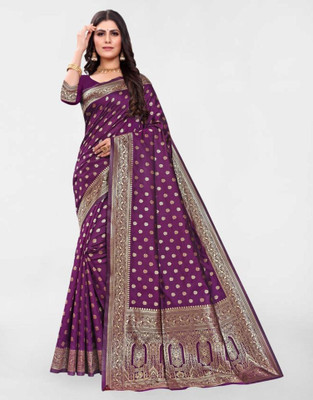 Anmi Woven, Embellished Banarasi Jacquard, Silk Blend Saree(Purple, Gold)