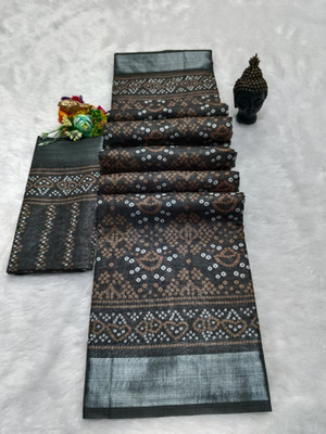 PRTRENDZ Printed Kanjivaram Linen, Cotton Linen Saree(Black)
