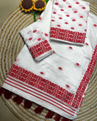 VrajVihar Woven Mekhela Chador Pure Cotton Saree(White)