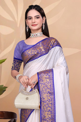 Octa Apparel Checkered Chanderi Tussar Silk Saree(White, Purple)