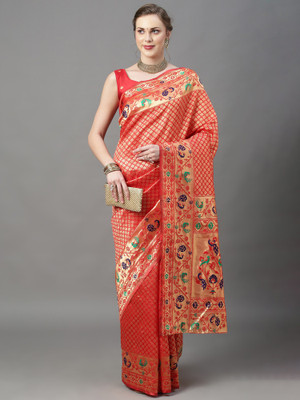 Sareemall Woven Paithani Silk Blend Saree(Red)