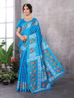 YASHIKA Printed Kalamkari Art Silk Saree(Blue)