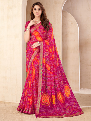 Anouk Rustic Embellished Bandhani Chiffon Saree(Pink)