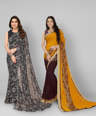 kashvi sarees Floral Print, Polka Print, Ombre, Printed Bollywood Georgette Saree(Pack of 2, Brown, Yellow, Black)