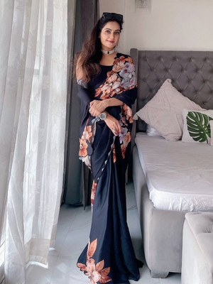 ANOUK Printed Chanderi Satin Saree(Black)