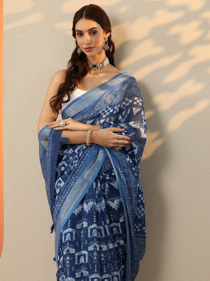 LIBAS Printed Daily Wear Cotton Blend Saree(Blue)