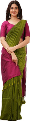 DHRITIS Solid/Plain Handloom Cotton Blend Saree(Light Green)