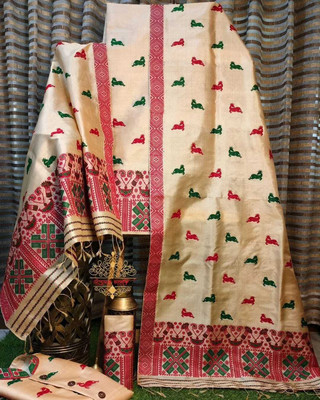 Ramani brothers Woven Mekhela Chador Pure Silk Saree(Cream)