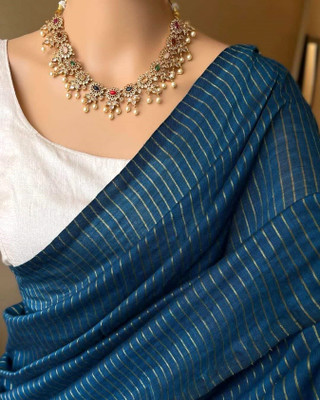 HouseOfCommon Striped Handloom Pure Cotton Saree(Pack of 2, Blue)