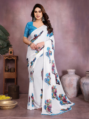 Moda Rapido Animal Print, Floral Print Bollywood Georgette Saree(White, Blue)
