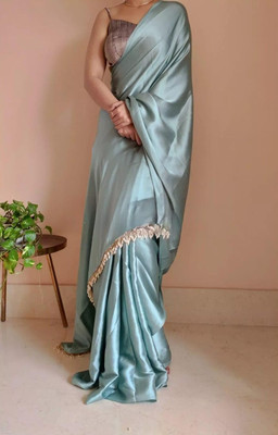 BRAHMSHAKTI Solid/Plain Bollywood Satin, Silk Blend Saree(Light Green)