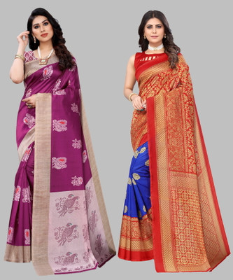 Priyashi Self Design, Digital Print, Printed Mysore Art Silk Saree(Pack of 2, Purple, Light Blue)