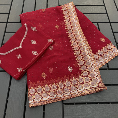 Mikhushop Embellished Bollywood Organza Saree(Red)