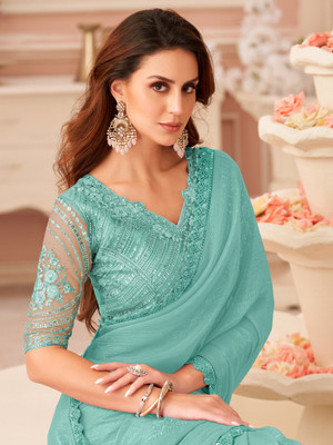 Sareemall Embellished Bollywood Georgette Saree(Light Blue)