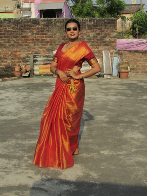 Shaw Creation Solid/Plain Handloom Handloom Tissue Saree(Orange)