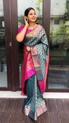 Gajal Woven Kanjivaram Art Silk, Pure Silk Saree(Light Green, Pink)