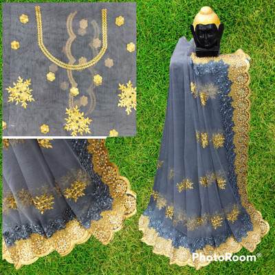 MIYANIFAB Embroidered, Printed Bollywood Net Saree(Grey)