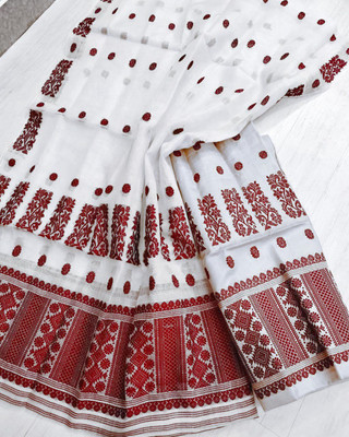 white desert Self Design Mekhela Chador Cotton Silk Saree(White)