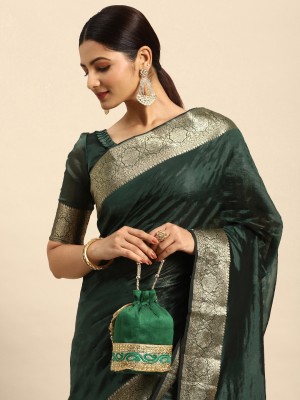 Tasrika Embellished, Woven Banarasi Organza Saree(Dark Green)