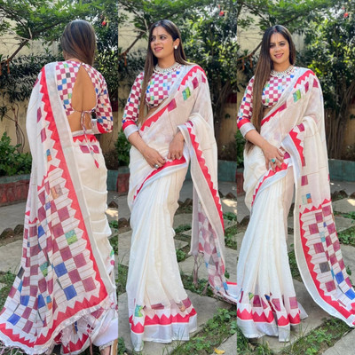 Marabout Digital Print Bollywood Cotton Linen Saree(White)