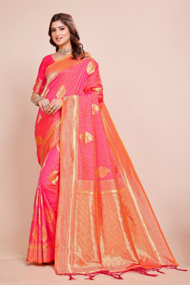 DHAYNAAND REEWA FASHION Woven, Embellished Kanjivaram Georgette Saree(Pink, Gold)