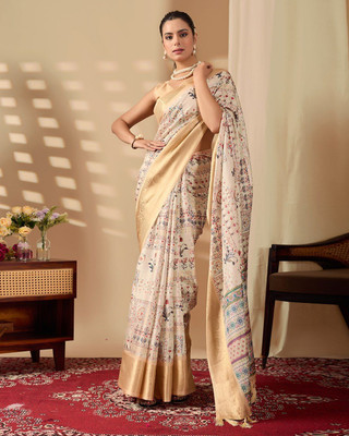 Gagan Textile Printed Bollywood Silk Blend Saree(White)