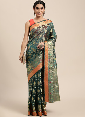 Divastri Floral Print Kanjivaram Organza Saree(Dark Green)