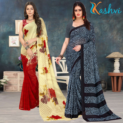 kashvi sarees Floral Print Daily Wear Georgette Saree(Pack of 2, Pink, Beige, Multicolor)