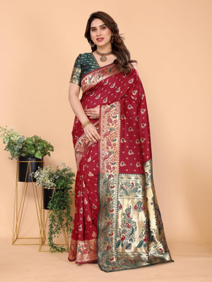 The Style Sanctuary Woven, Floral Print, Temple Border Banarasi Silk Blend Saree(Dark Blue)