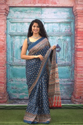 ABHIT CREATION Printed Daily Wear Pure Cotton Saree(Blue)