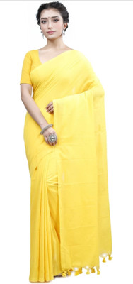 LDma Self Design, Temple Border Handloom Cotton Blend Saree(Yellow)