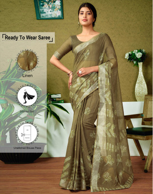 Satrani Digital Print, Floral Print, Embellished Bollywood Linen Saree(Green)