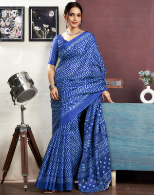 SIRIL Geometric Print, Printed Daily Wear Cotton Blend Saree(Dark Blue)