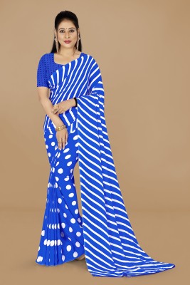 kashvi sarees Striped, Polka Print Daily Wear Georgette Saree(White, Blue)