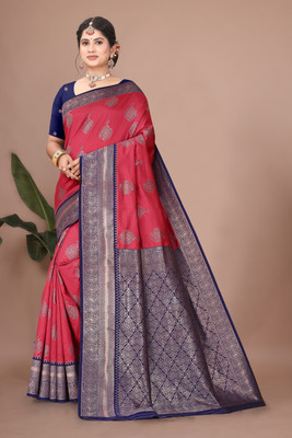 Rajasi Woven Kanjivaram Silk Blend Saree(Pink, Blue)