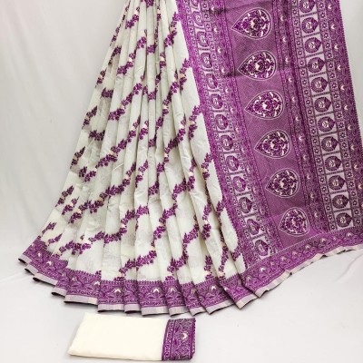 Bansari Textiles Self Design, Striped, Woven, Printed, Applique Banarasi Jacquard, Cotton Silk Saree(Purple)