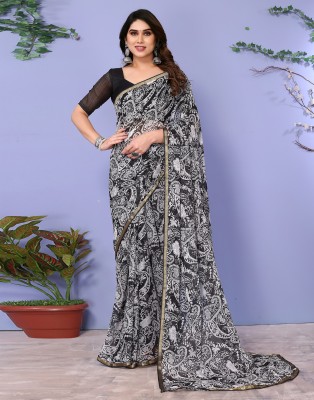 Samah Geometric Print, Printed, Embellished Daily Wear Chiffon Saree(Black, White)