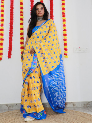 Divastri Printed Ikkat Cotton Blend Saree(Yellow)