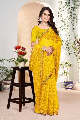 love creation Self Design Bollywood Net Saree(Yellow)