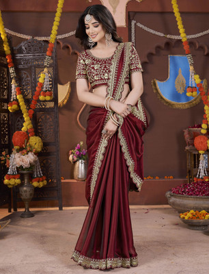 Vivan Fab Embroidered Banarasi Pure Silk, Art Silk Saree(Maroon)