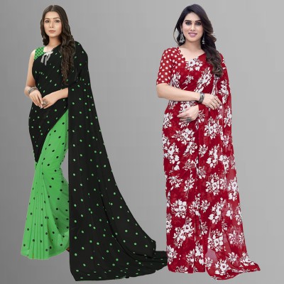 Anand Sarees Floral Print Daily Wear Georgette Saree(Pack of 2, Green, Black, Red)