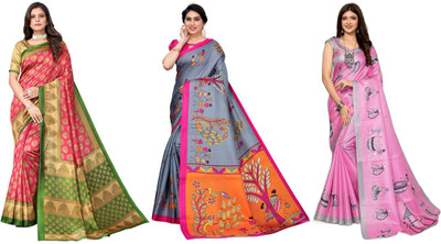 YASHIKA Printed, Woven Kanjivaram Art Silk Saree(Pack of 3, Pink, Grey)