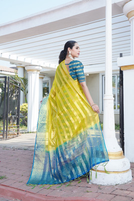 Aarunika SST Striped Bollywood Organza Saree(Yellow)