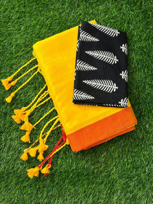 SMRITI BOUTIQUE Solid/Plain Bollywood Handloom Pure Cotton Saree(Pack of 2, Yellow, Black)