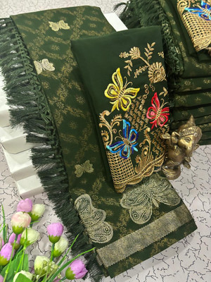 Pfancy silk Embroidered Kanjivaram Polyester Saree(Green)