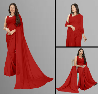 kashvi sarees Solid/Plain Bollywood Georgette Saree(Red)