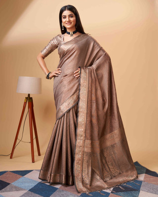 PHEASANT Woven, Embellished Banarasi Pure Silk Saree(Beige)