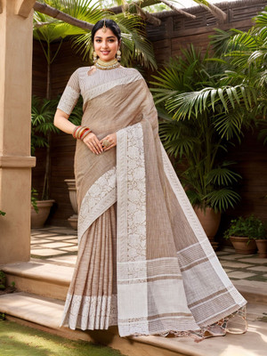 ANOUK Woven Bollywood Linen Saree(Brown)