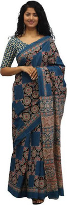 Tropwear Printed, Self Design, Digital Print, Hand Painted, Blocked Printed Ikkat Pure Cotton Saree(Blue)