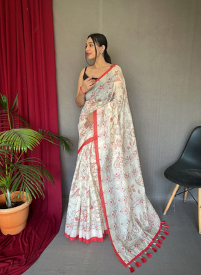 Divastri Printed Kalamkari Cotton Blend Saree(Red)